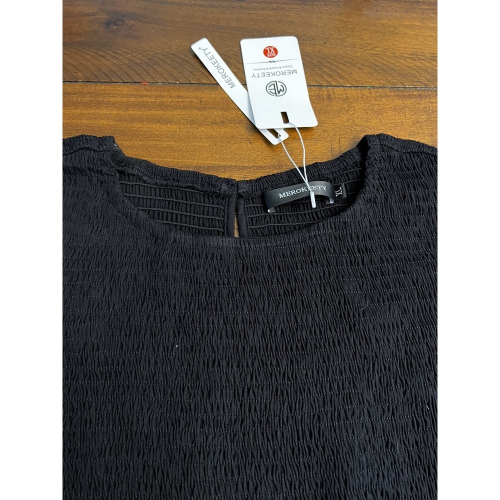 NWT MEROKEETY Womens Smocked Midi Dress black Flutter Sleeve Tiered size XL - Picture 5 of 8